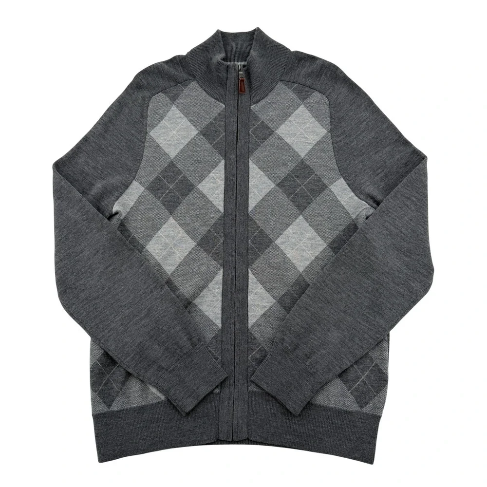 Banana Republic Men Grey 100% Wool Argyle Full Zip Sweater Mock Neck M 769355-00
